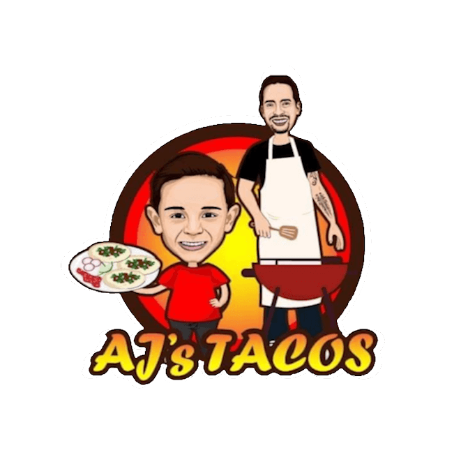AJ’s Tacos logo featuring two cooks and a plate of tacos